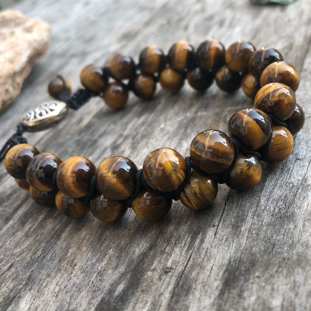 Men's Double Layer Tiger Eye Adjustable Bracelet - Macrame Knotted - Picture 3 of 17
